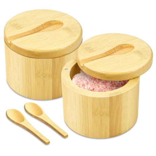 Bamboo salt cellar with - salt, lid